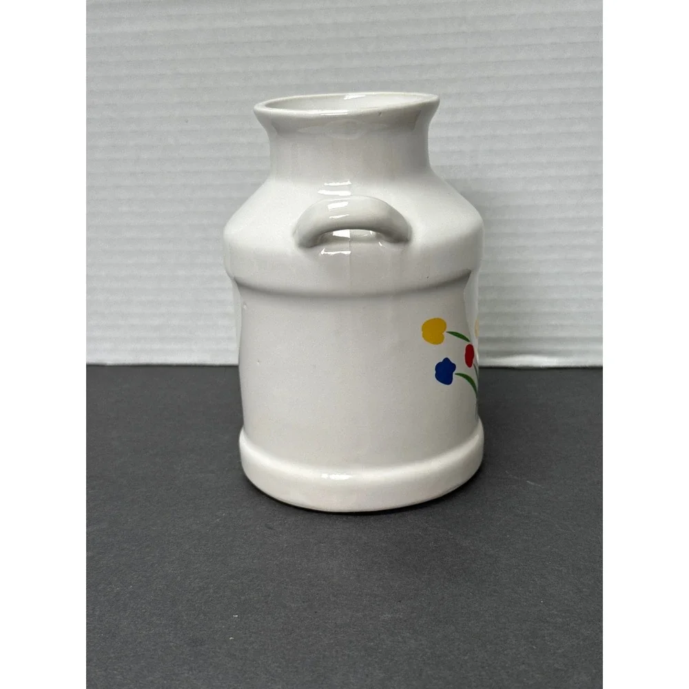 Vintage Ceramic Milk Can Vase White Floral Primary Colors Farmhouse Decor Taiwan